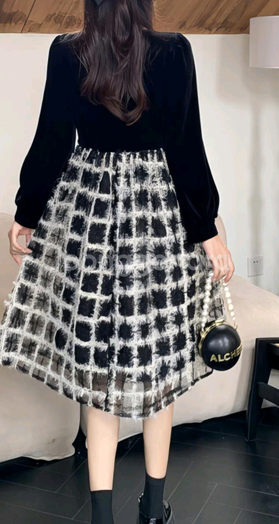 회려한 벨벳 체크 시스루 원피스 XL77--4