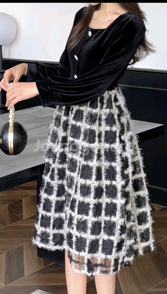 회려한 벨벳 체크 시스루 원피스 XL77--3