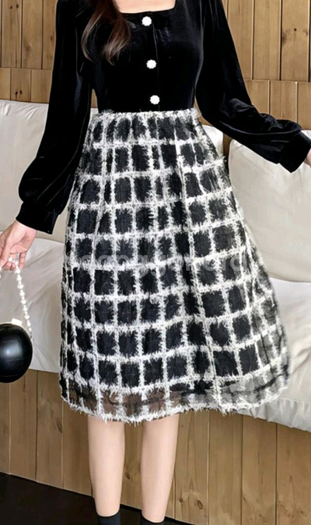 회려한 벨벳 체크 시스루 원피스 XL77--1