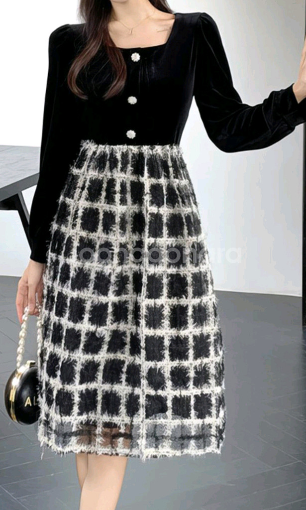회려한 벨벳 체크 시스루 원피스 XL77--2
