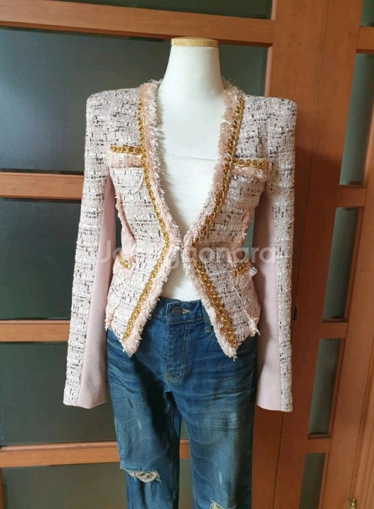 (무배-새제품)핏예쁜 트위드 라인자켓 연핑크--4