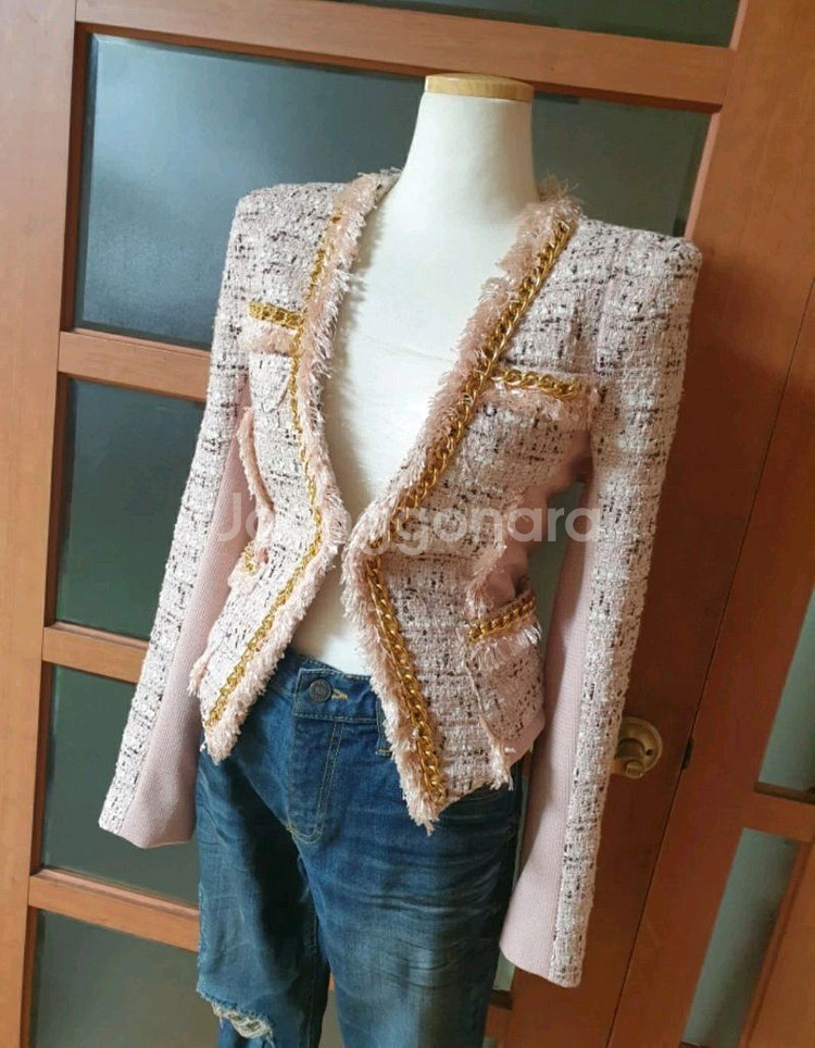 (무배-새제품)핏예쁜 트위드 라인자켓 연핑크--5