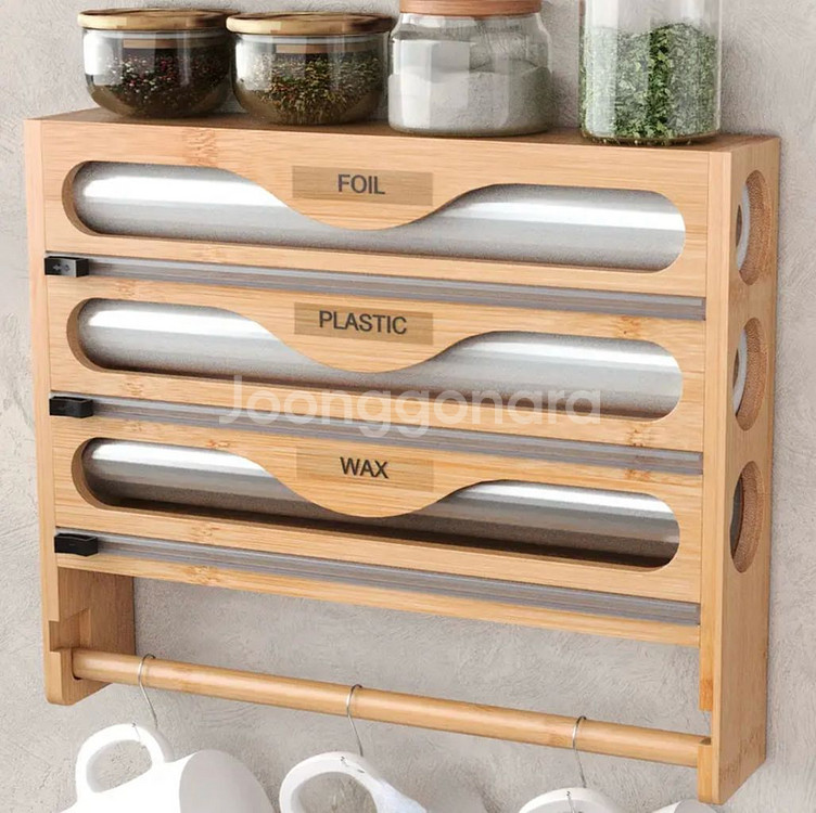 박스채 새상품) 대나무 3단 랩,호일 주방 정리함--2