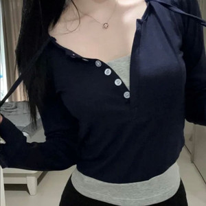 옷장정리ㅣ홀터넥 레이어드 배색 남색 슬림티 긴팔