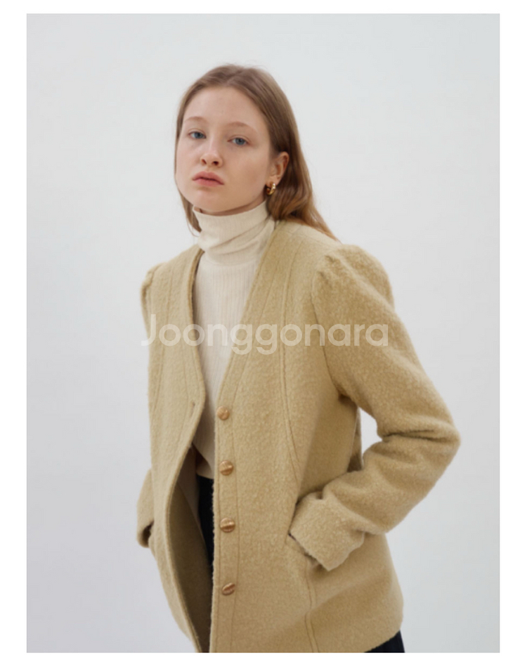 (새상품) 패브릭컬러지 노카라 퍼프 슬리브 자켓 블랙--4