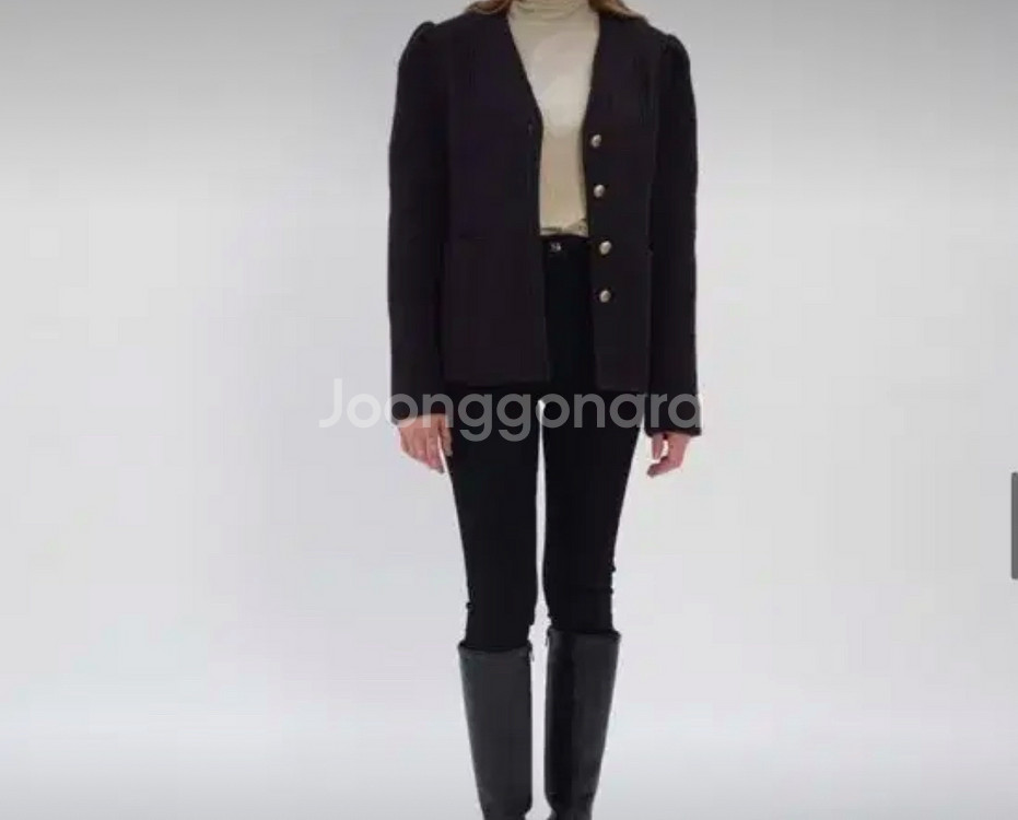 (새상품) 패브릭컬러지 노카라 퍼프 슬리브 자켓 블랙--2