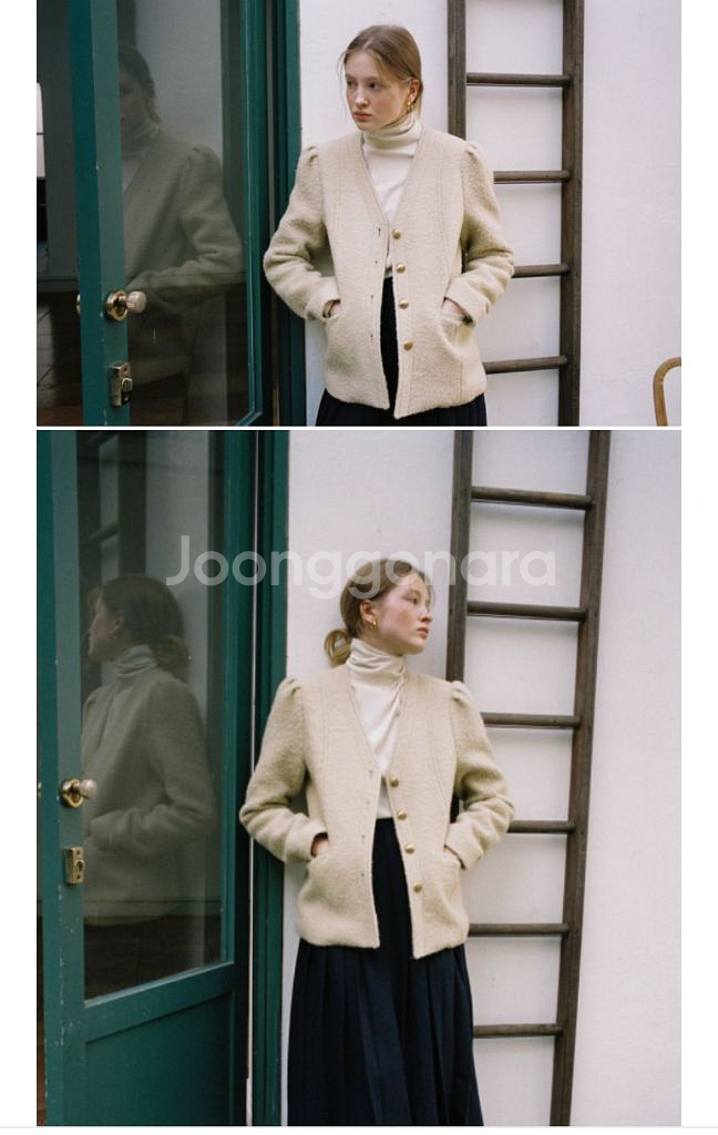 (새상품) 패브릭컬러지 노카라 퍼프 슬리브 자켓 블랙--5