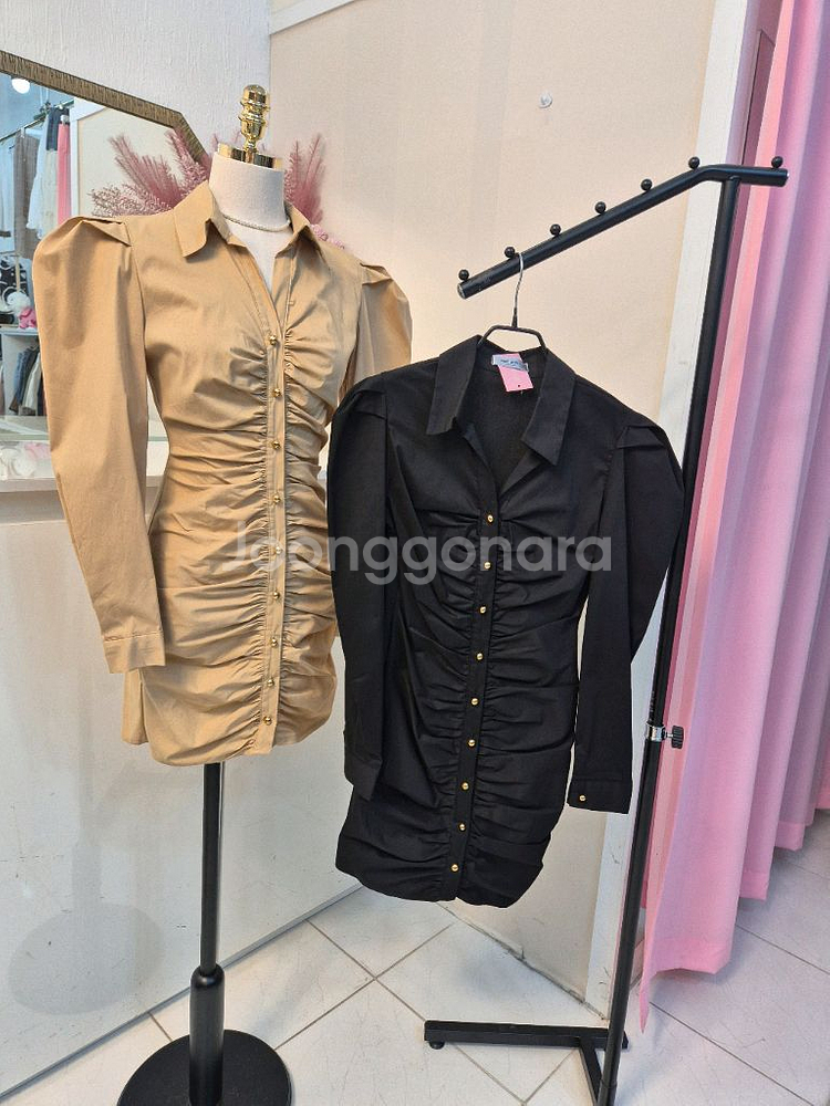 베이지/블랙 퍼프 셔링 셔츠 원피스ㅡ무배--5