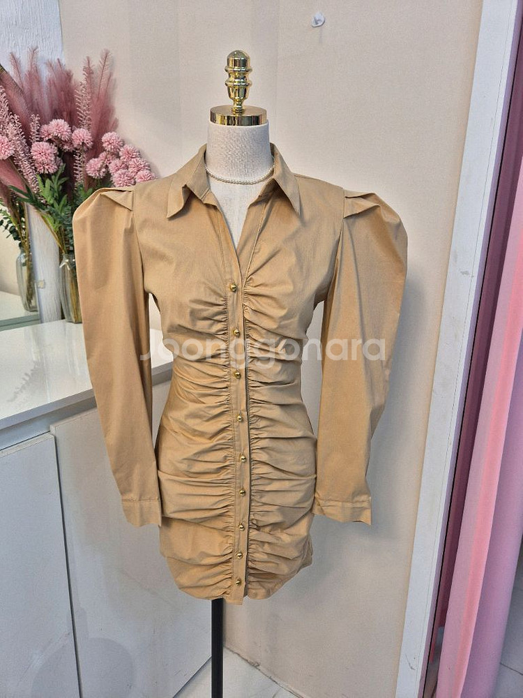 베이지/블랙 퍼프 셔링 셔츠 원피스ㅡ무배--7