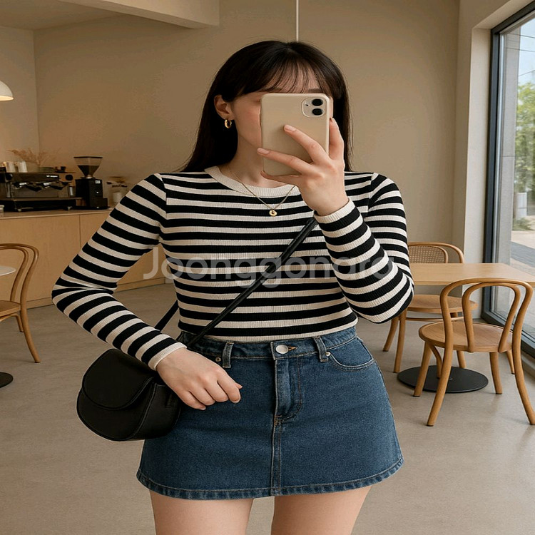 어깨버튼 골지 스트라이프 니트티ㅡ무배--0