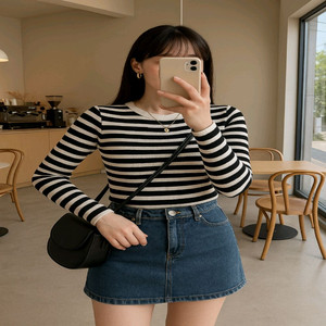 어깨버튼 골지 스트라이프 니트티ㅡ무배
