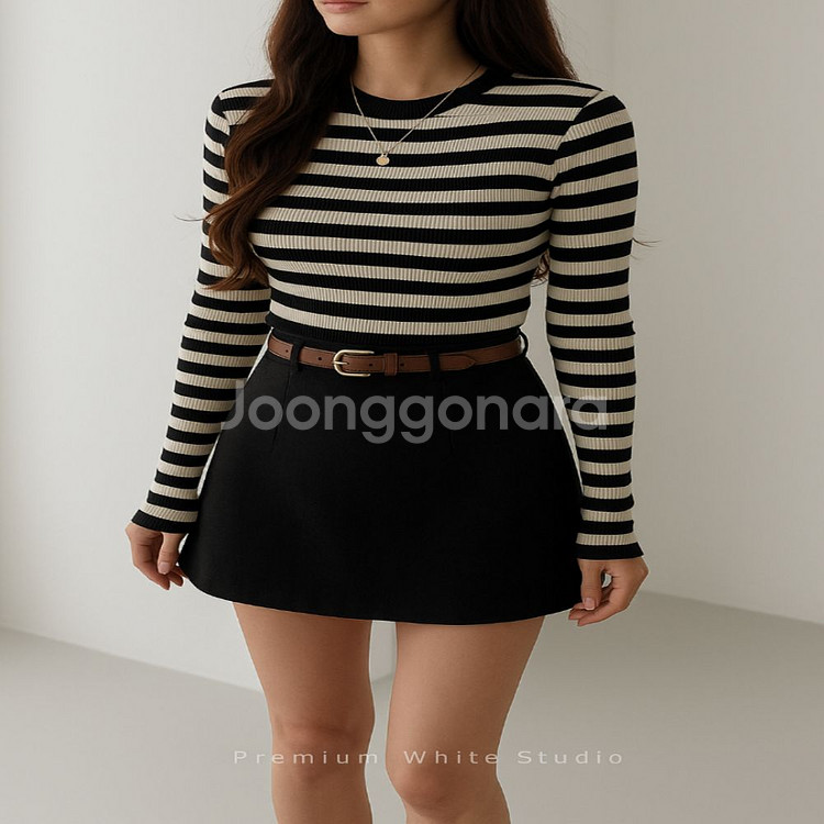 어깨버튼 골지 스트라이프 니트티ㅡ무배--1