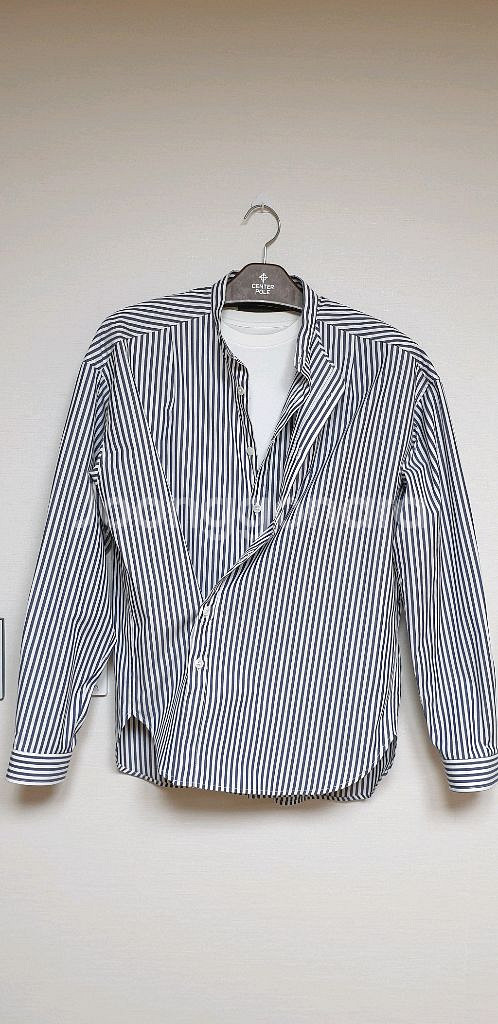 MOOMYUNG 남성 더블 레이어드 랩 스트라이프 셔츠--1