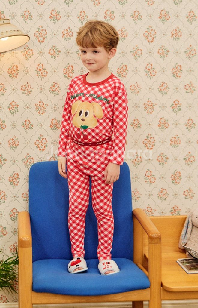 리미떼두두 레드 체크 퍼피 수피마 상하 내복 S(새상품--2