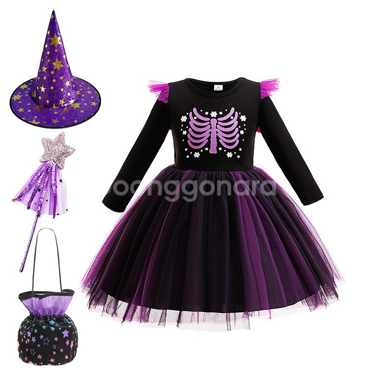 할로윈 해골 여아 드레스 + 마녀 모자 세트 새상품--0