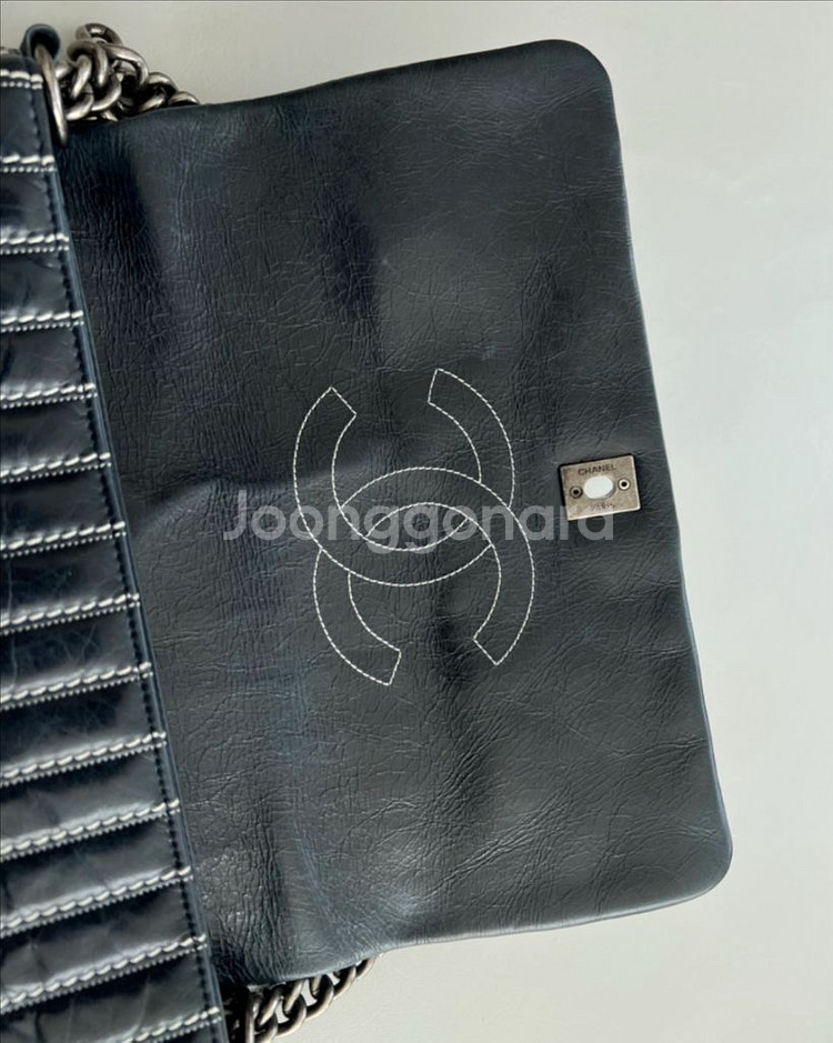 샤넬 네이비 레더 스티치 숄더--4