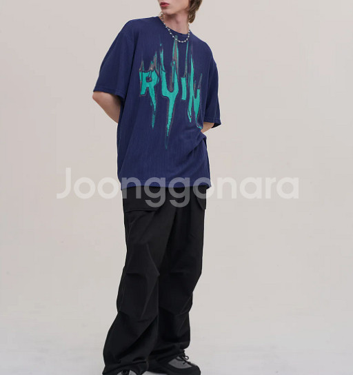 루인 니트반팔 티셔츠 네이비M사이즈--1