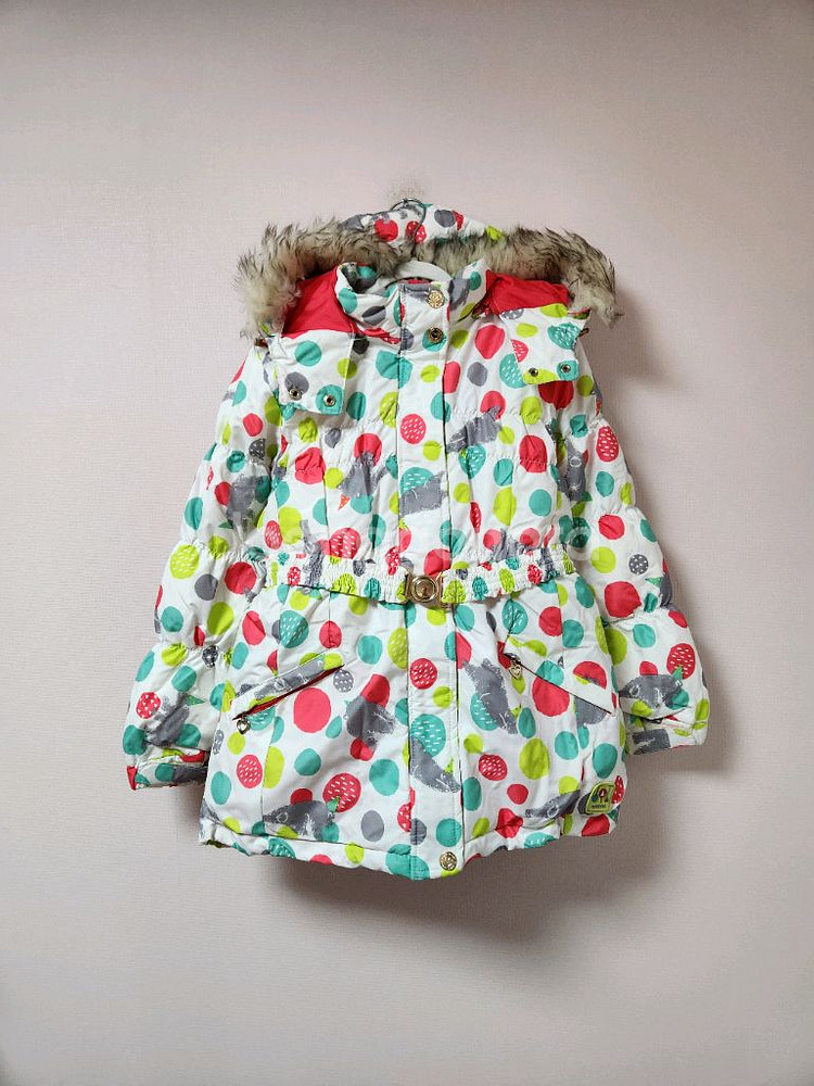 150사이즈 리틀밥도그 하얀색 도트무늬 스키복 상의 자켓--0