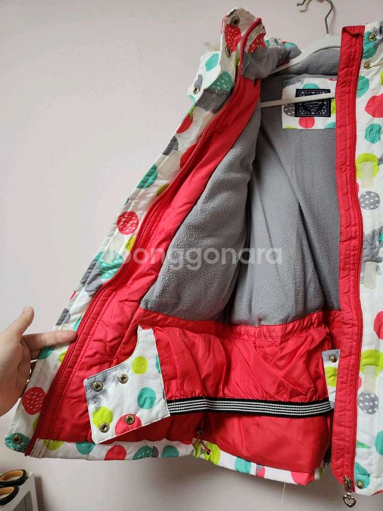 150사이즈 리틀밥도그 하얀색 도트무늬 스키복 상의 자켓--5