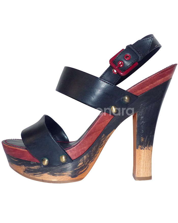 YSL 입생로랑 블랙 가죽 가보시 스트랩 샌들 245--0