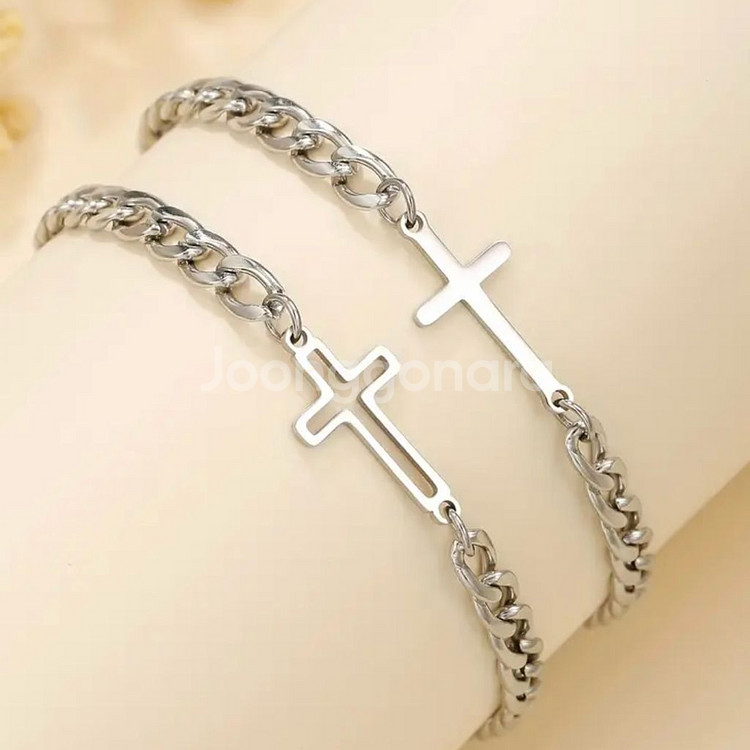 실버 십자가 팔찌 1+1 세트 남녀공용--0