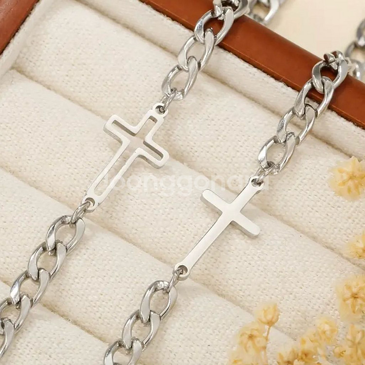 실버 십자가 팔찌 1+1 세트 남녀공용--1