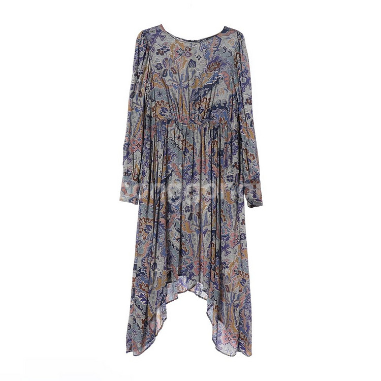 [L]자라 블루 모자이크 패턴 언발 긴팔 롱 원피스--0