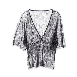 [S]자라 블랙 브이넥 레이스 망사 반팔 블라우스