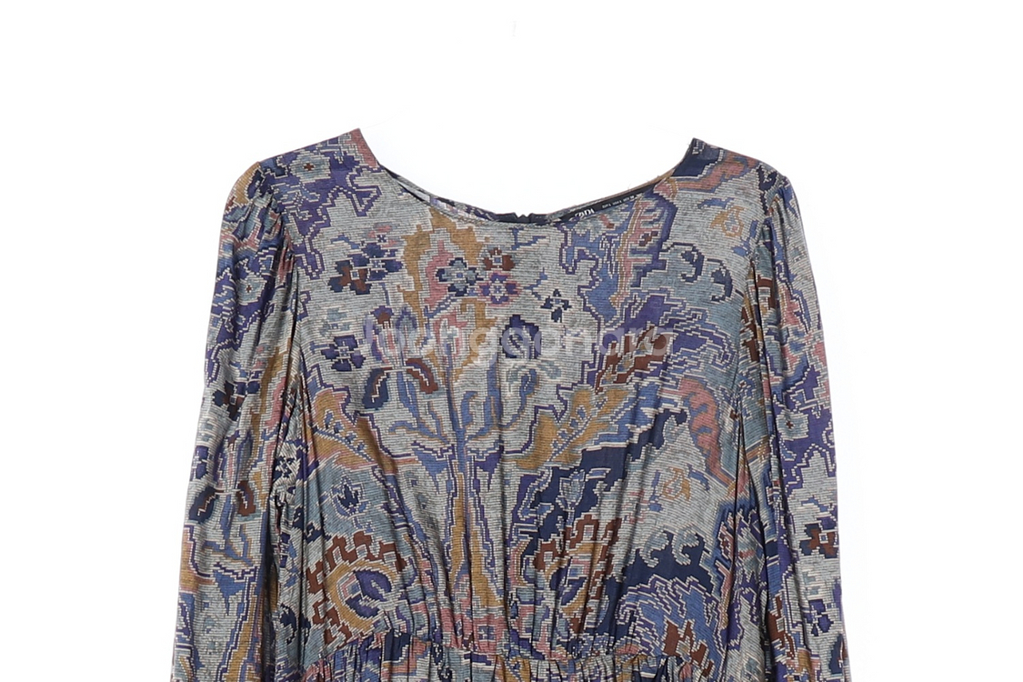 [L]자라 블루 모자이크 패턴 언발 긴팔 롱 원피스--1