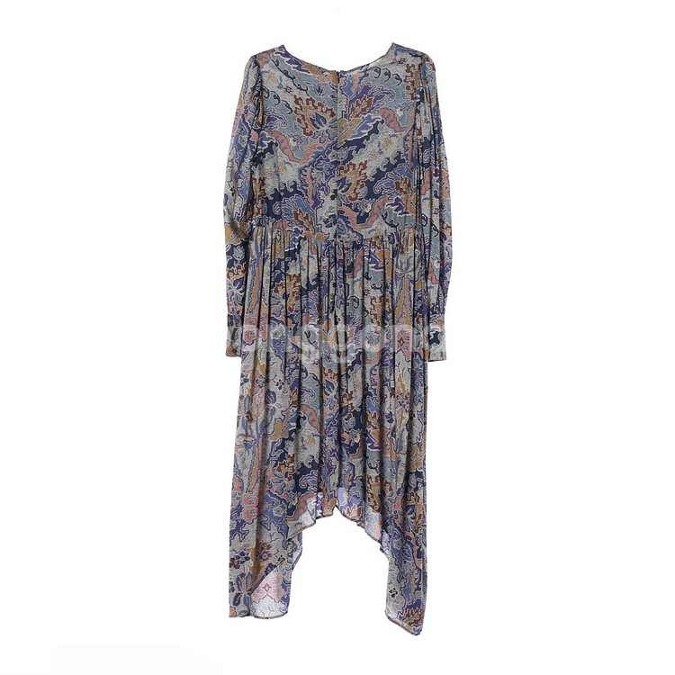 [L]자라 블루 모자이크 패턴 언발 긴팔 롱 원피스--4