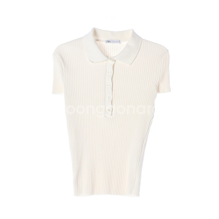 [S]자라 아이보리 골지 반팔 카라 니트 폴로 티셔츠--0