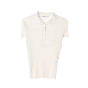 [S]자라 아이보리 골지 반팔 카라 니트 폴로 티셔츠