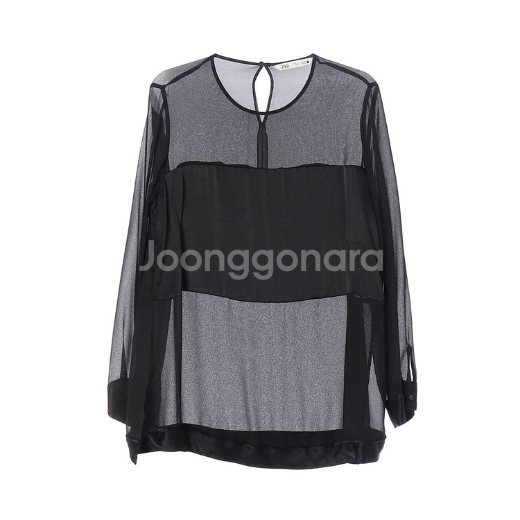 [S]자라 블랙 루즈핏 쉬폰 라운드 긴팔 블라우스--0