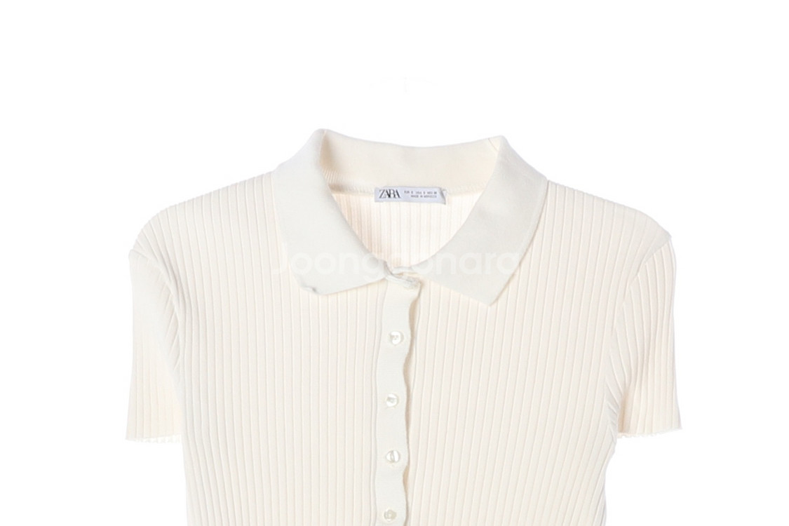 [S]자라 아이보리 골지 반팔 카라 니트 폴로 티셔츠--1