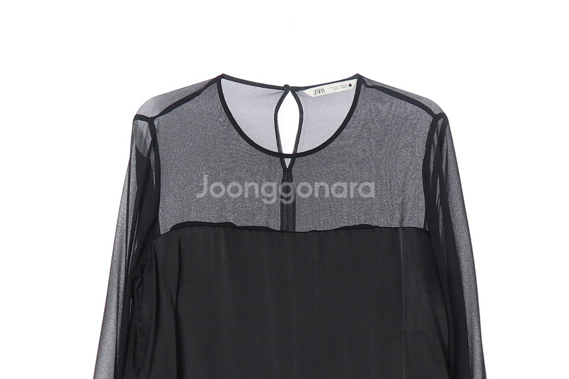 [S]자라 블랙 루즈핏 쉬폰 라운드 긴팔 블라우스--1