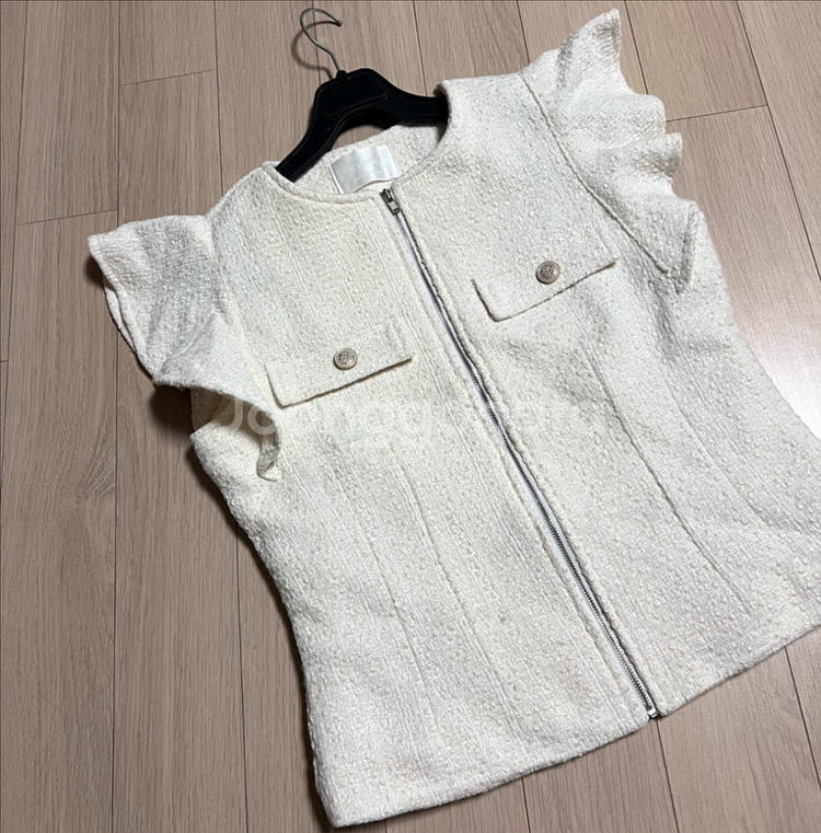 프릴 날개 소매 누빔 트위드 베스트 집업 조끼 러플 아이보리 가디건 자켓--0