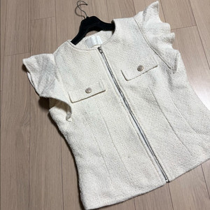 프릴 날개 소매 누빔 트위드 베스트 집업 조끼 러플 아이보리 가디건 자켓