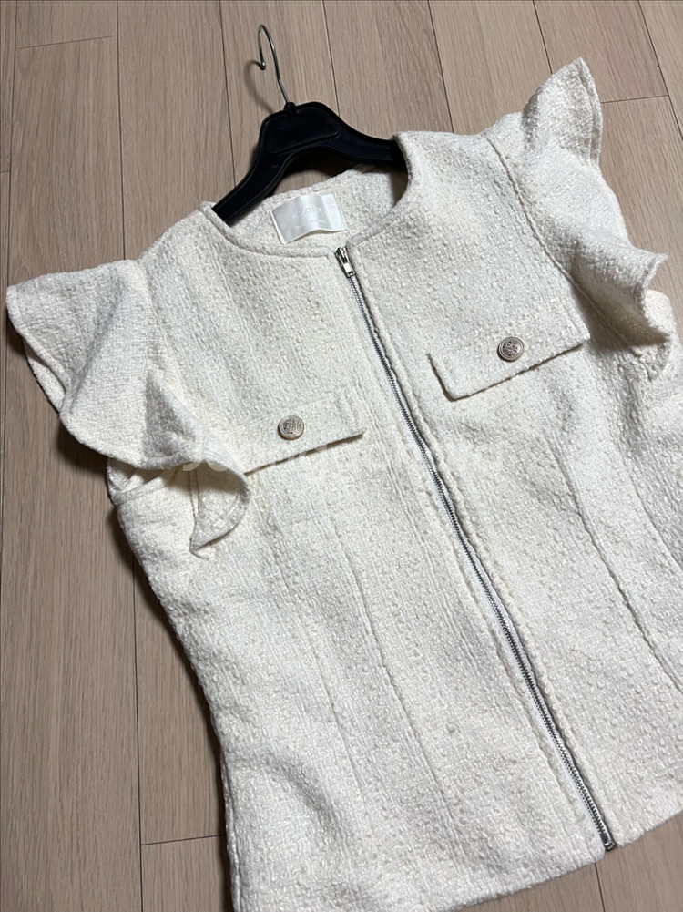 프릴 날개 소매 누빔 트위드 베스트 집업 조끼 러플 아이보리 가디건 자켓--2