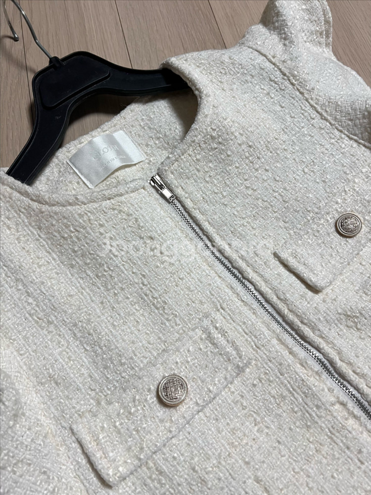 프릴 날개 소매 누빔 트위드 베스트 집업 조끼 러플 아이보리 가디건 자켓--4