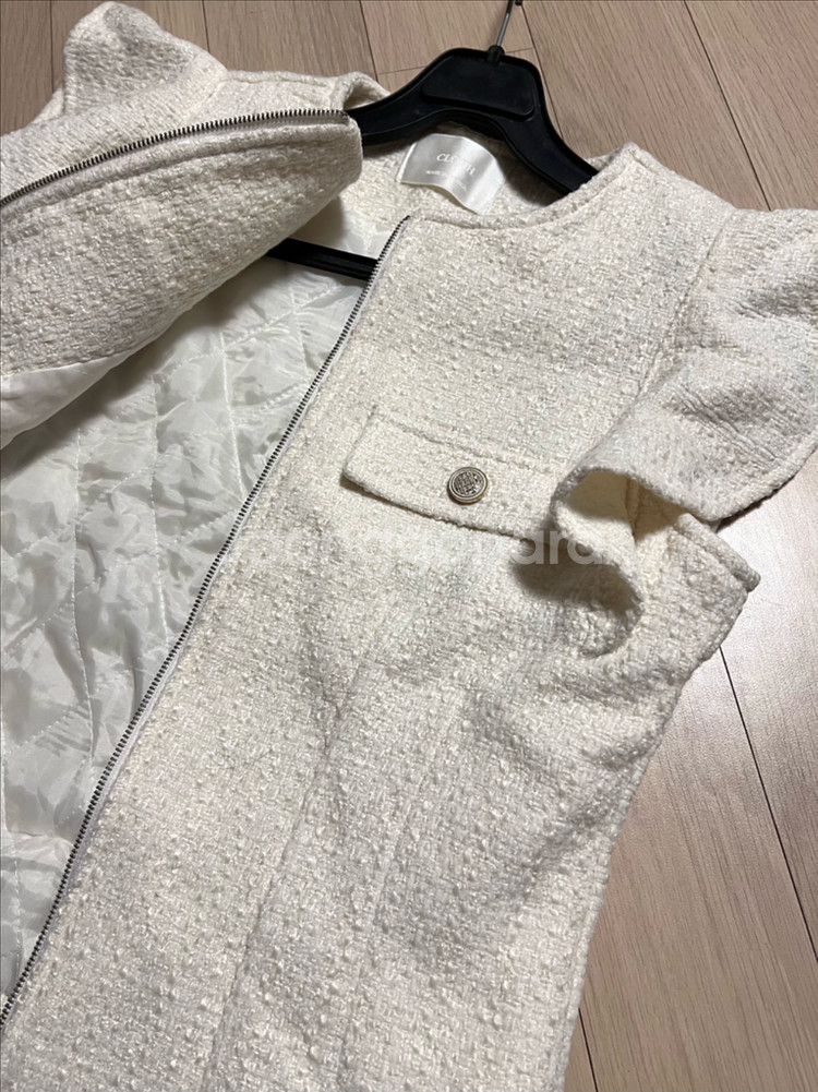 프릴 날개 소매 누빔 트위드 베스트 집업 조끼 러플 아이보리 가디건 자켓--6