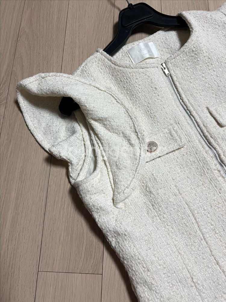 프릴 날개 소매 누빔 트위드 베스트 집업 조끼 러플 아이보리 가디건 자켓--12