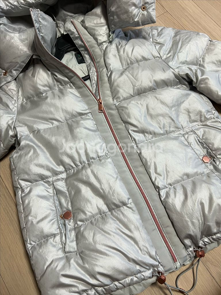 베네통 BENETTON 실버 로즈골드 구스다운 숏 푸퍼 패딩 후드 그레이 거위털 점퍼 자켓--12