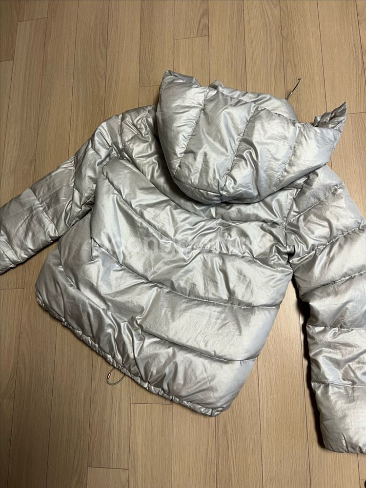 베네통 BENETTON 실버 로즈골드 구스다운 숏 푸퍼 패딩 후드 그레이 거위털 점퍼 자켓--13
