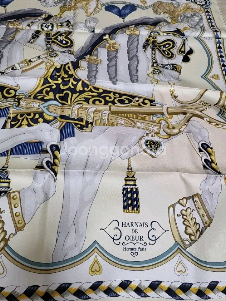 에르메스 까레 스카프 하네스 90 까레 크림/마린/골드--3
