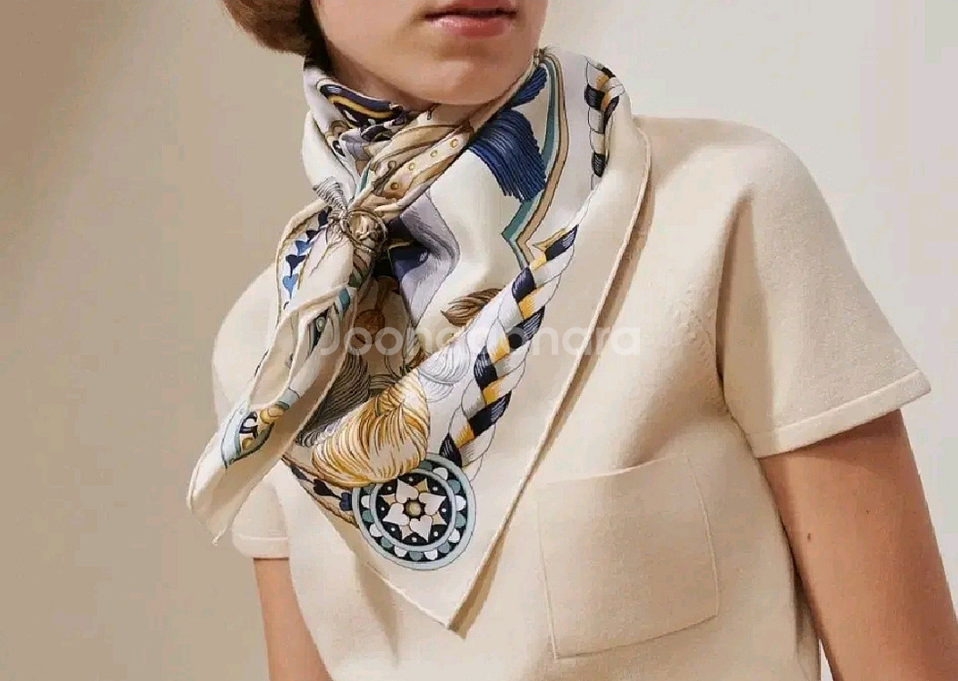 에르메스 까레 스카프 하네스 90 까레 크림/마린/골드--8