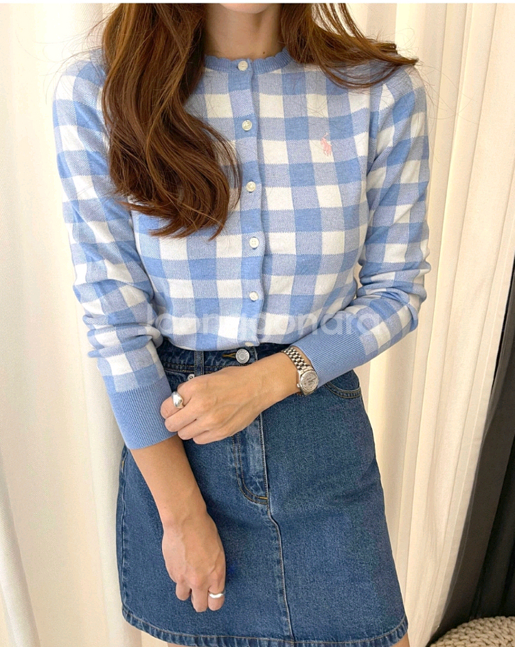 폴로 깅엄체크 걸즈 가디건 블루 가디건L(새상품)--1