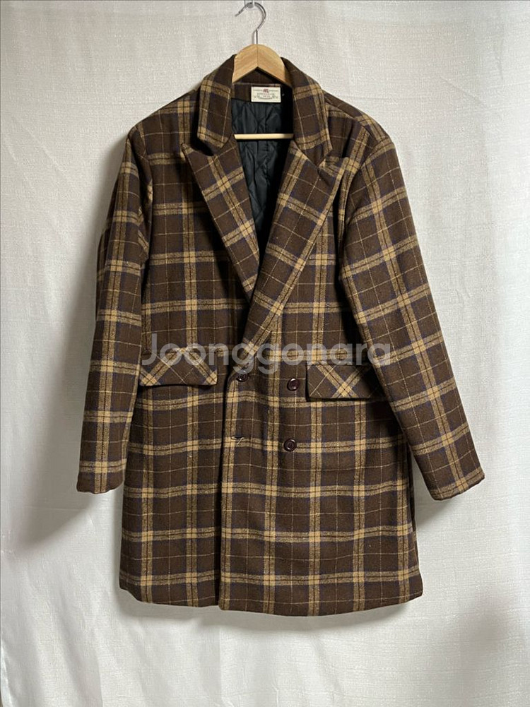 공용 세미오버핏 브라운 더블 체크 롱코트 L--0