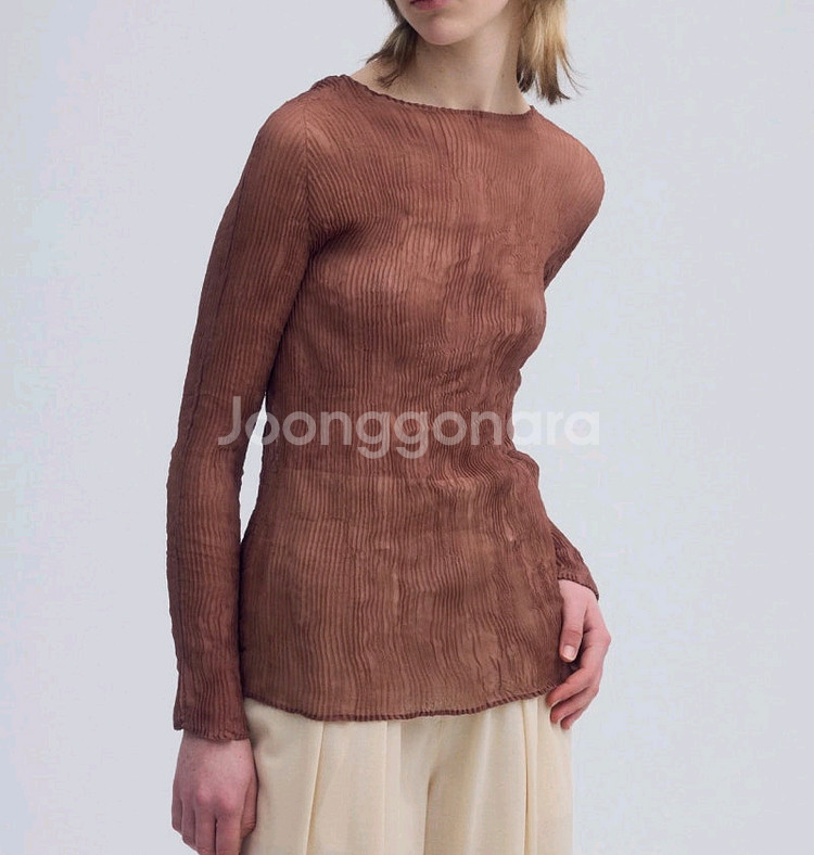 이세이미야케 쉬폰탑 &해칭 스커트 리프브라운--1