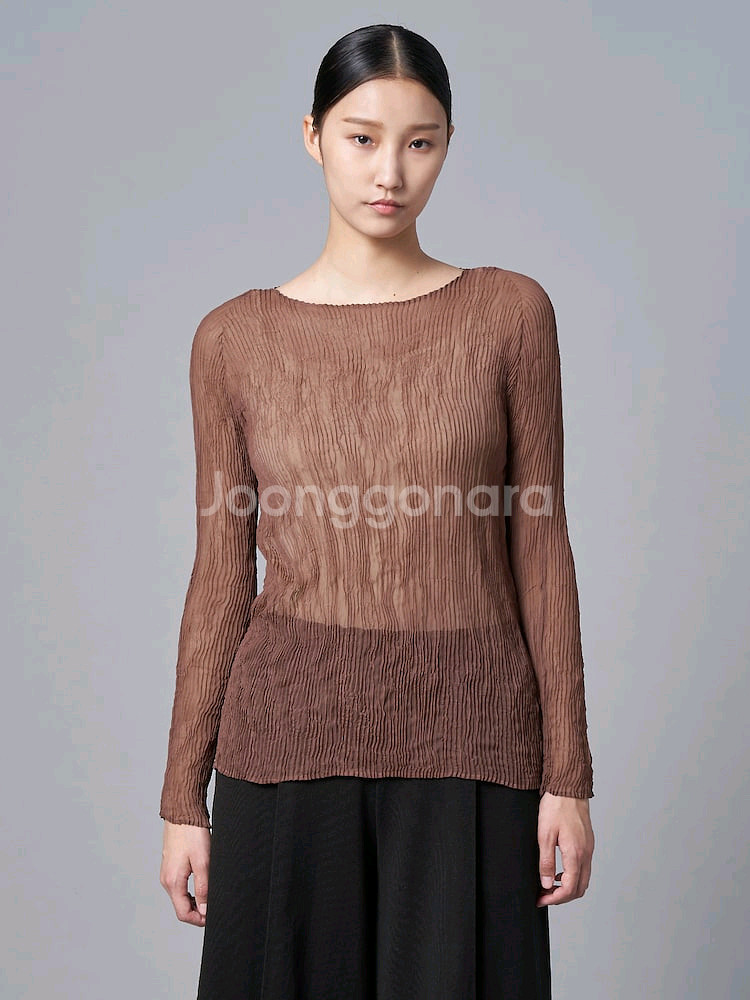 이세이미야케 쉬폰탑 &해칭 스커트 리프브라운--0