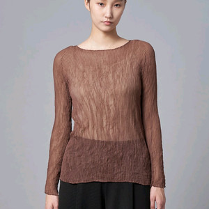 이세이미야케 쉬폰탑 &해칭 스커트 리프브라운